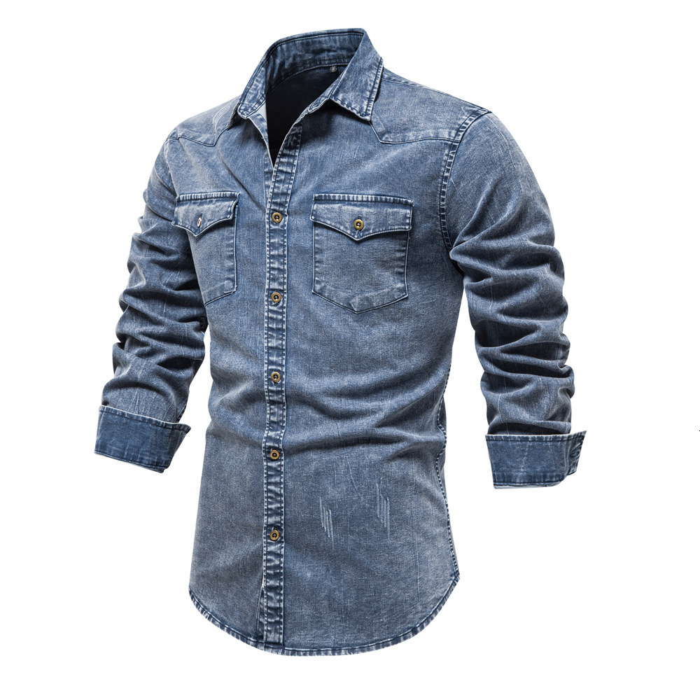 fashion Autumn/spring New European Men's Denim Quality Heavy Duty Washed And Used Shirt For Men