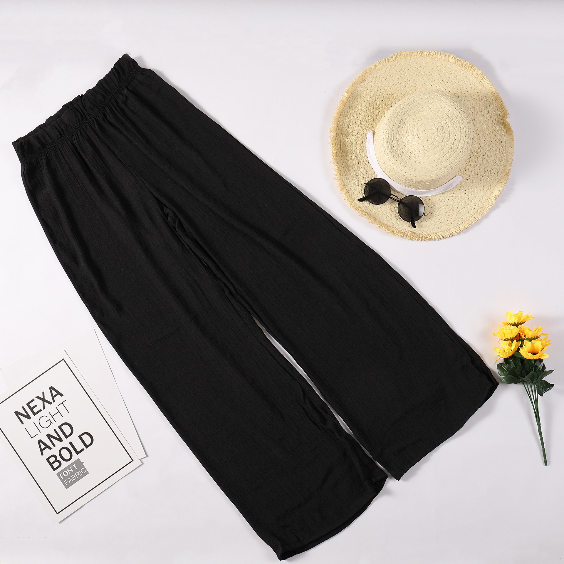 Bamboo Cotton Loose Home With Elastic Band, Casual Flared Wide Leg Pants, Sun Protection Beach Pants