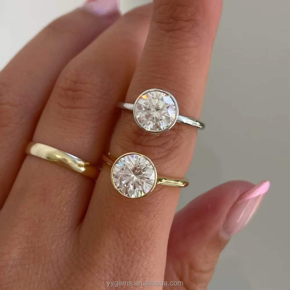 Customization Bezel Ring GRA Moissanite 14K Yellow Solid Gold Fashion Design Jewelry Wedding Ring Women Fine Rings