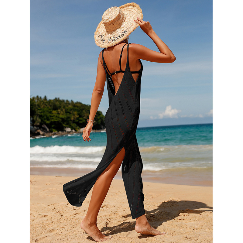 Tourist Vacation Sexy Backless V-Neck Solid Color Breathable Knitted Slit Long Dress Beach Sunscreen Cover