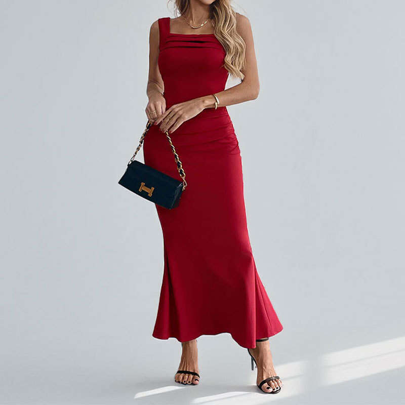 2025 Spring/Summer New Women's Fashion Style Slimming Square Collar Sleeveless Waist Slimming Dress KLMY