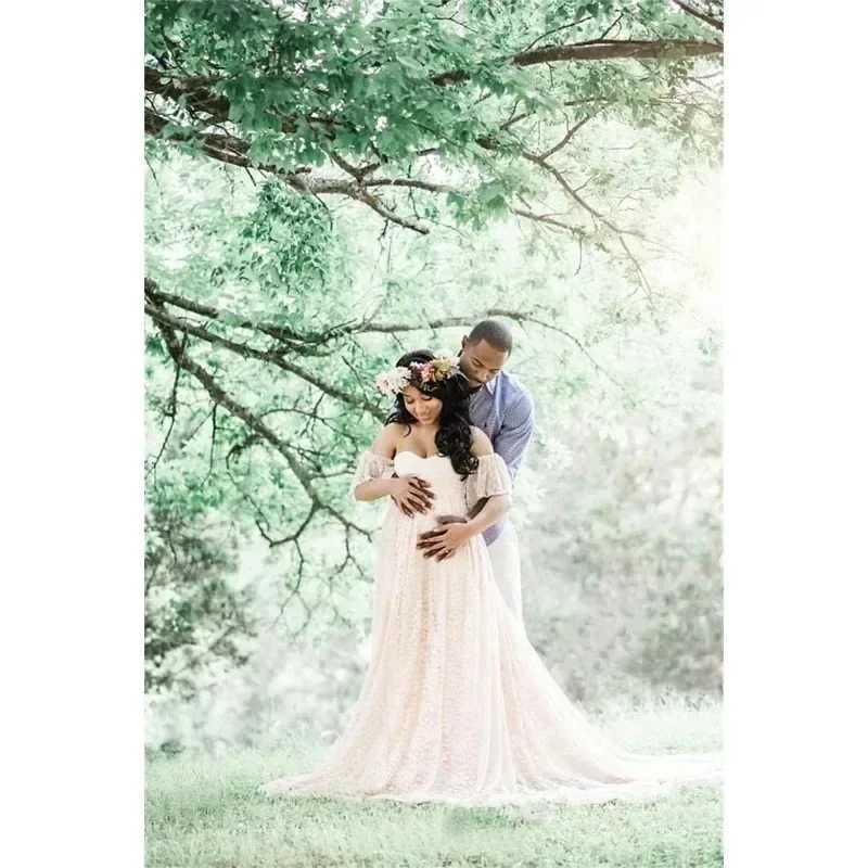 Shoot Lace Pregnant Women Tail Short Sleeve Maternity Photography Props Shooting Accessories Dress for Photo X250224