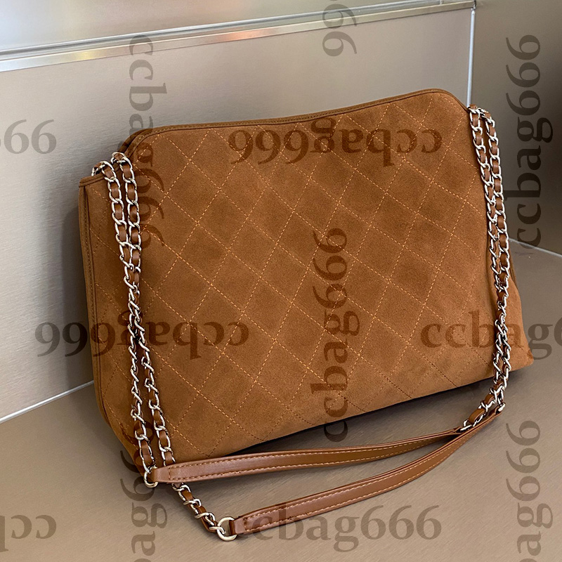 Womens Luxe Suede Nubuck Rubbed Bags Dark Brown Silver Metal Hardware Matelasse Chain Shoulder Handbag Large Capacity Purse XXL Maxi Airport Pocket 39X12X30CM
