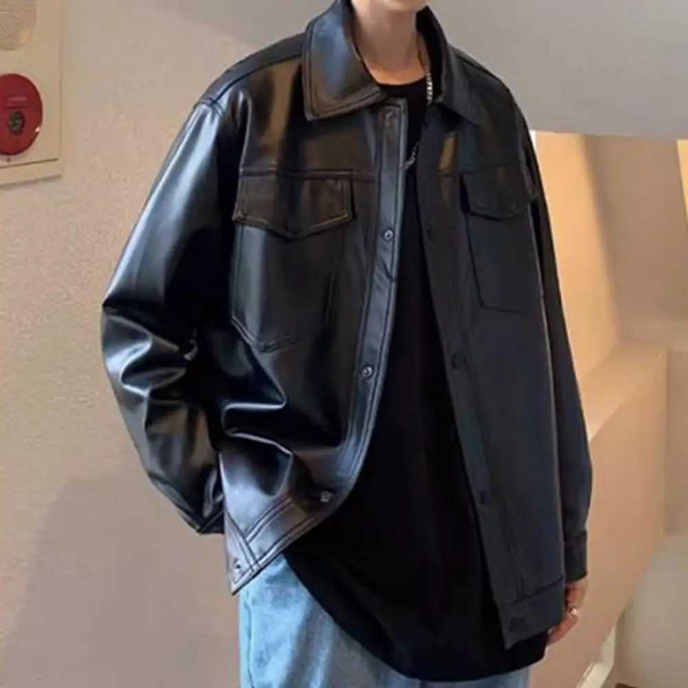 Men Faux Leather Jacket Spring Fall Turn-down Collar Breast Pocket Button Closure Long Sleeves Solid Color Black Male Casual CoaT250311