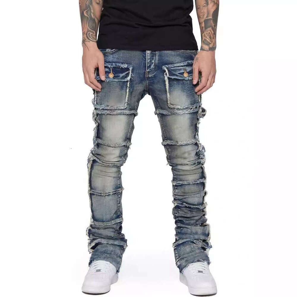 Men's workwear straight leg popular in European and American Instagram, elastic patch denim layered micro flared men's pants, 2025 new casua