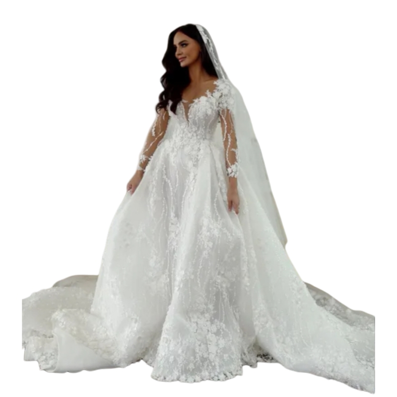 3D Floral Lace Princess Wedding Dresses With Detachable Train Long Sleeves Pretty Bridal Gowns Sheer Neckline Open Back Garden Flowers Vestido De Novi