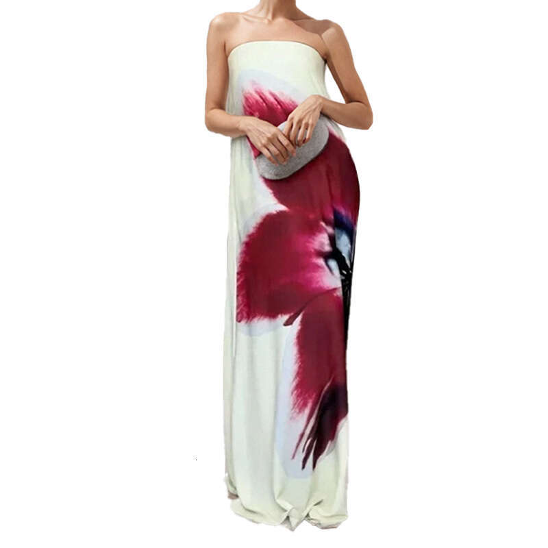 Women's Clothing 2025 Spring New Style Elegant Strapless Large Sexy Printed Long Skirt Dress KLMY