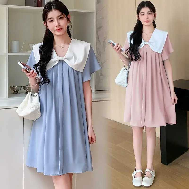 Navy Collar Pregnant Women Short Dress Loose Summer Short Sleeve Maternity Pleated Dress Sweet Pregnancy Chiffon Dress Blue PinkT250311
