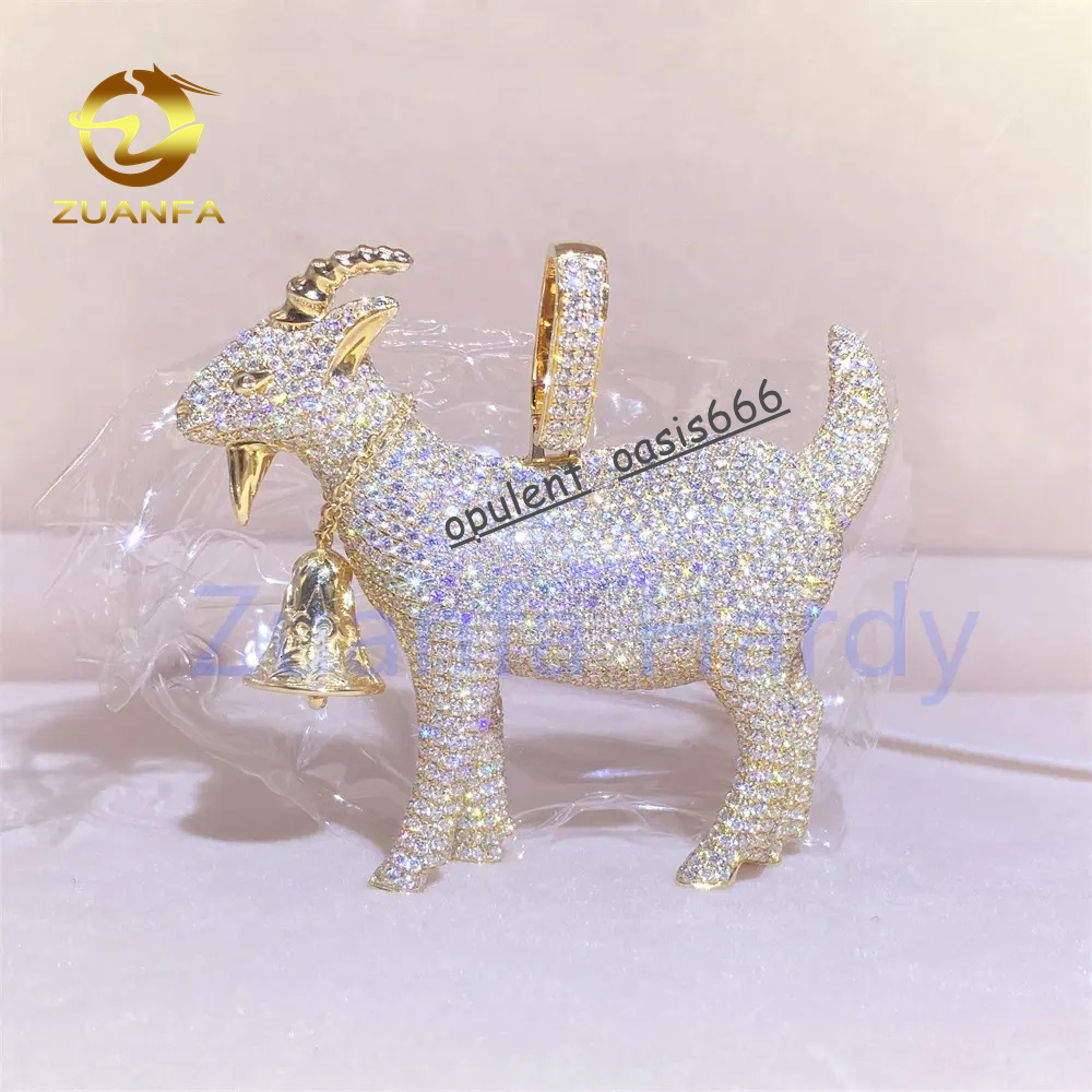 Custom 3D Design Sheep Charm Hip Hop Pendant VVS Moissanite Charm Iced Out 10K Yellow Gold Goat Pendant