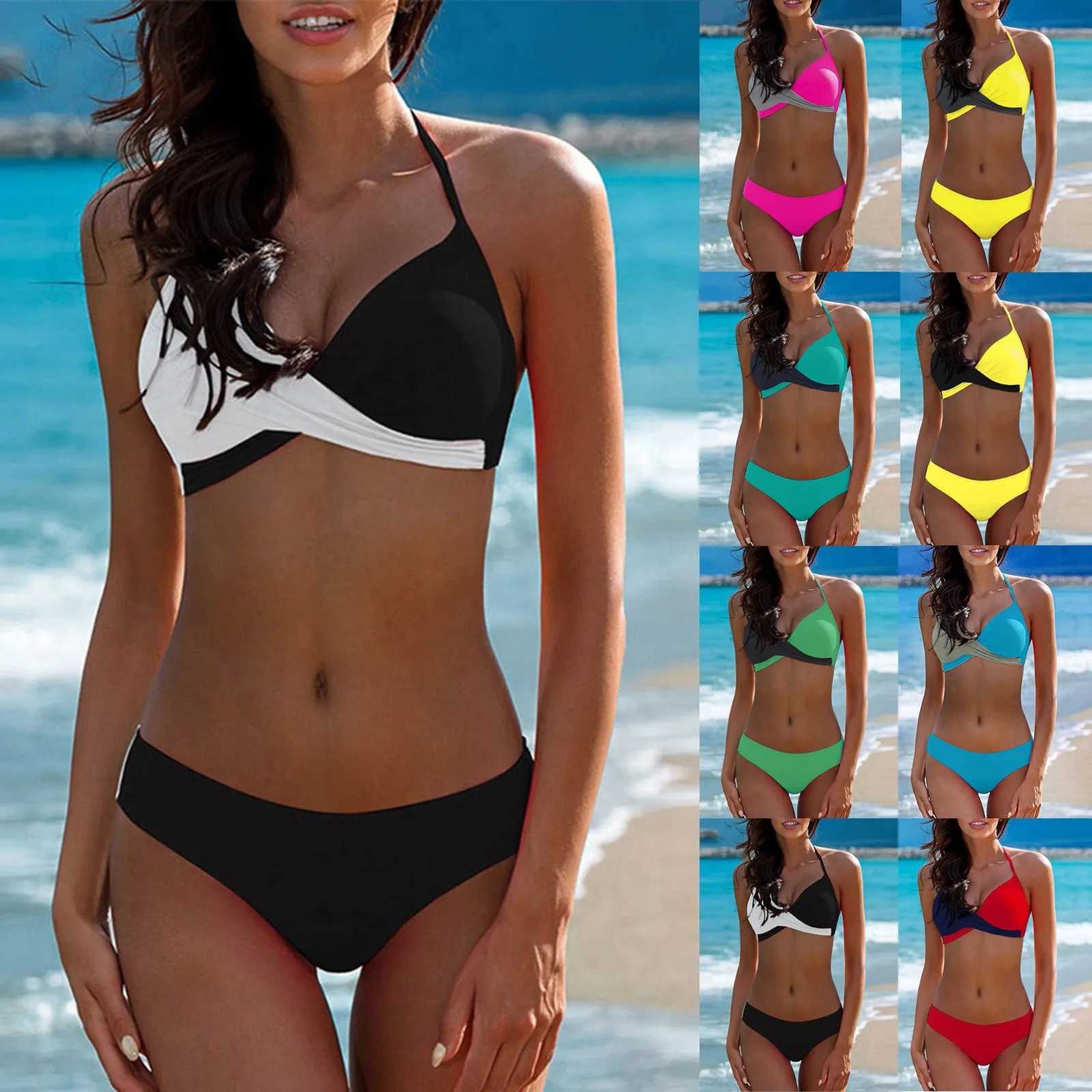 2024 New Halter Bikini Set Short Swimsuit Women High Waist Swimwear Split Bikini Color Matching Sleeveless Sexy SwimsuitT250310