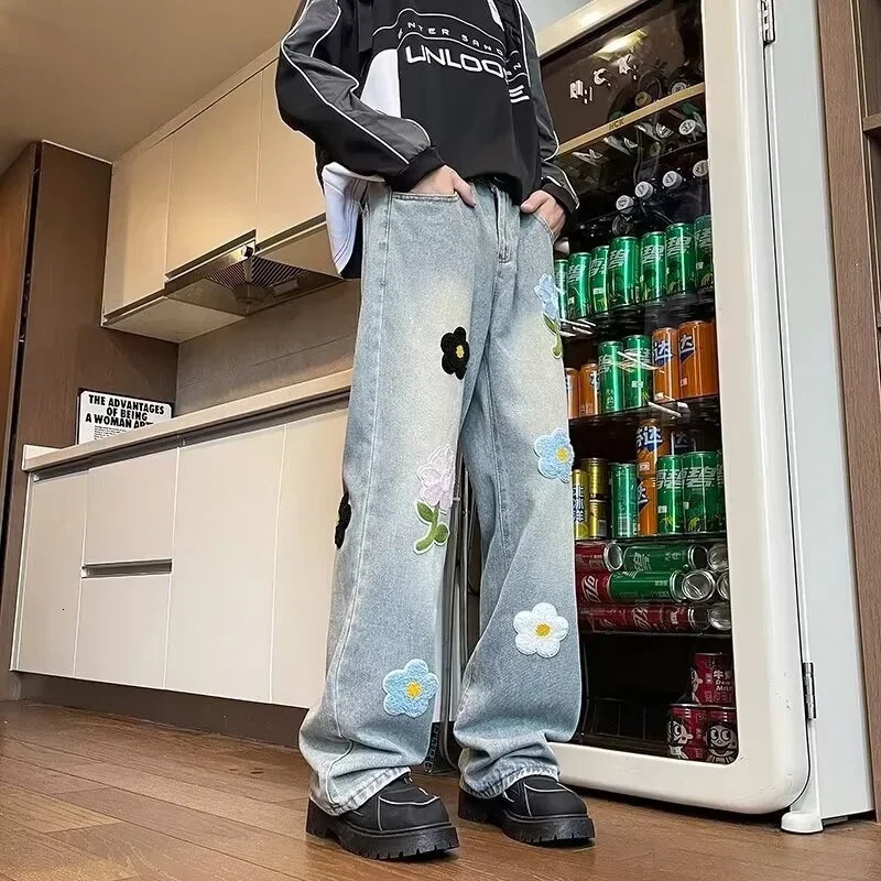 Y2K Vintage Flower ed Jeans For Men High Street Baggy Straight Wide Leg Denim Pants Autumn n Hip Hop Fashion Jean 250311