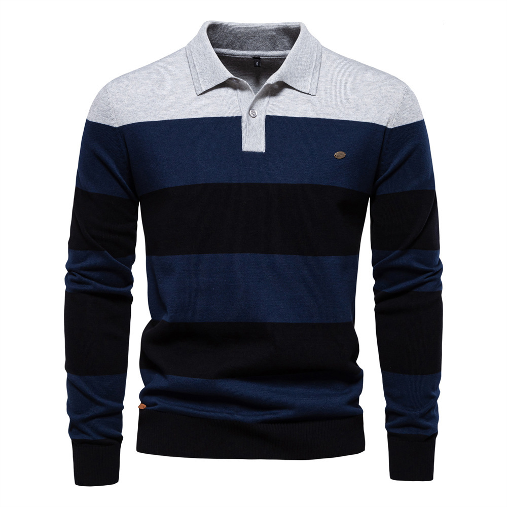fashion Autumn New Long Sleeved POLO Collar Slim Fit Lapel Striped Patchwork Men's European Size Knitted Sweater