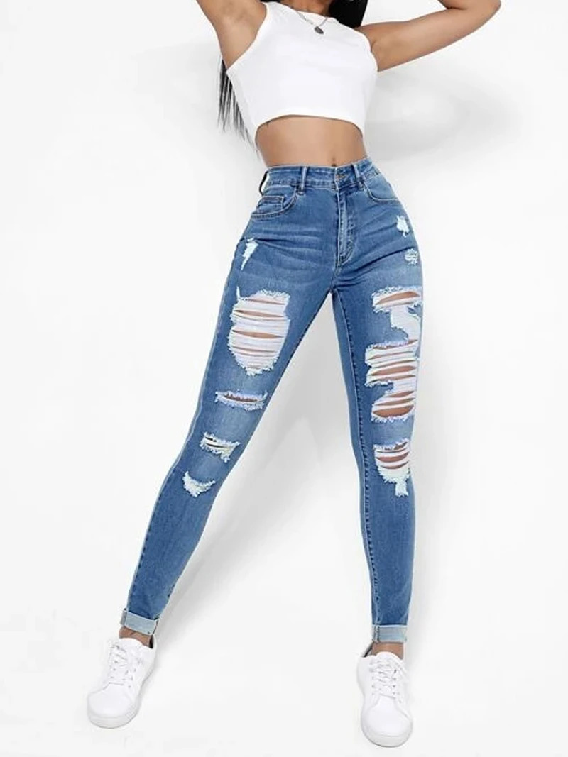 Ripped Holes Casual Skinny Jeans Autumn Slash Pockets Distressed SingleBreasted Button Mid Waist Denim Pants 250311