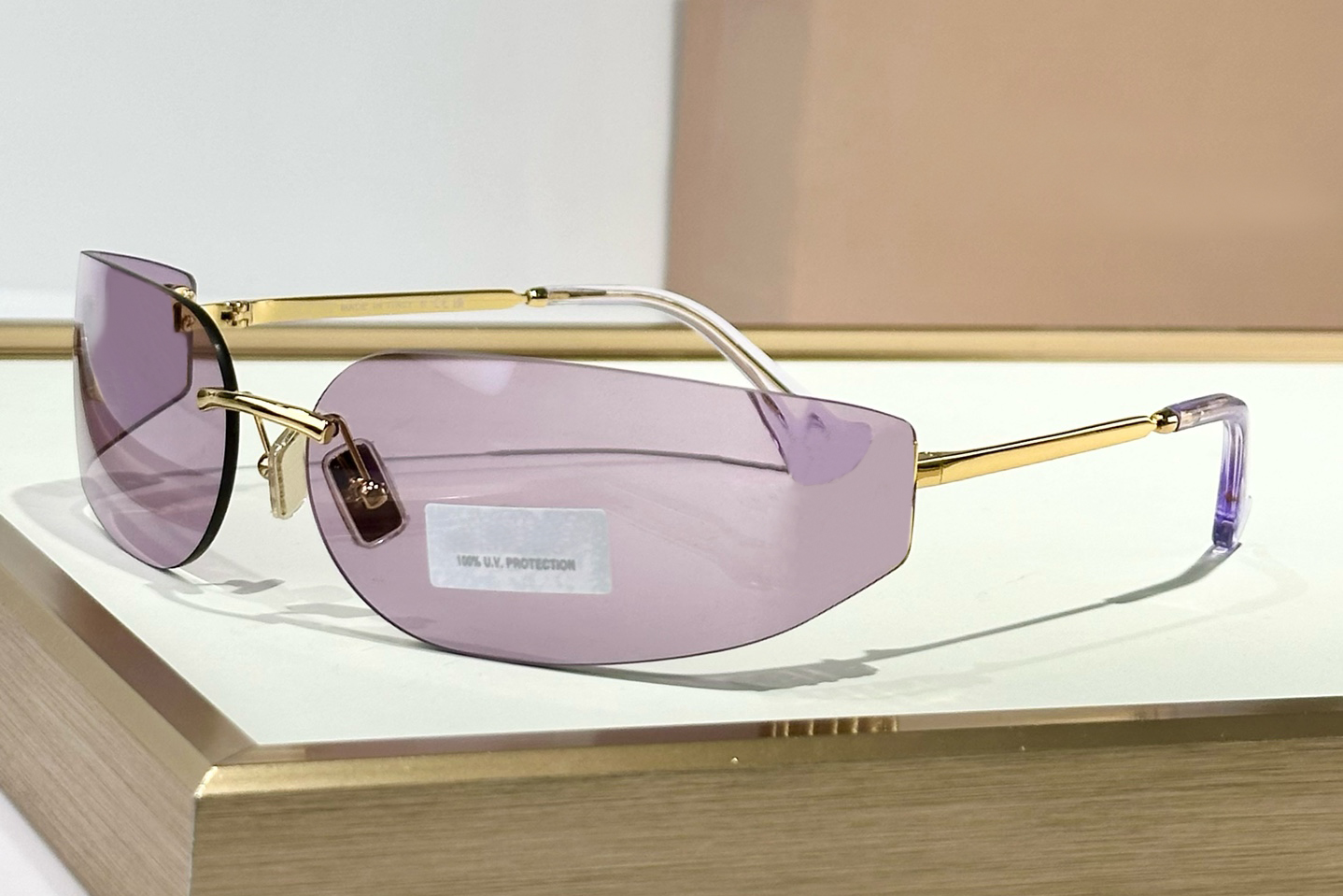 Rimless Shield Wrap Sunglasses Purple Lens Women Summer Shades Designer Sunglasses UV400 Eyewear Protection