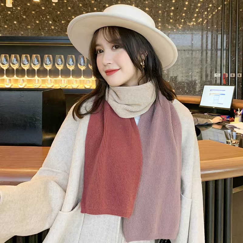 K096 Simple short scarf for women autumn and winter thickened two-color wool knitted chic Japanese style scarf for students Korean version