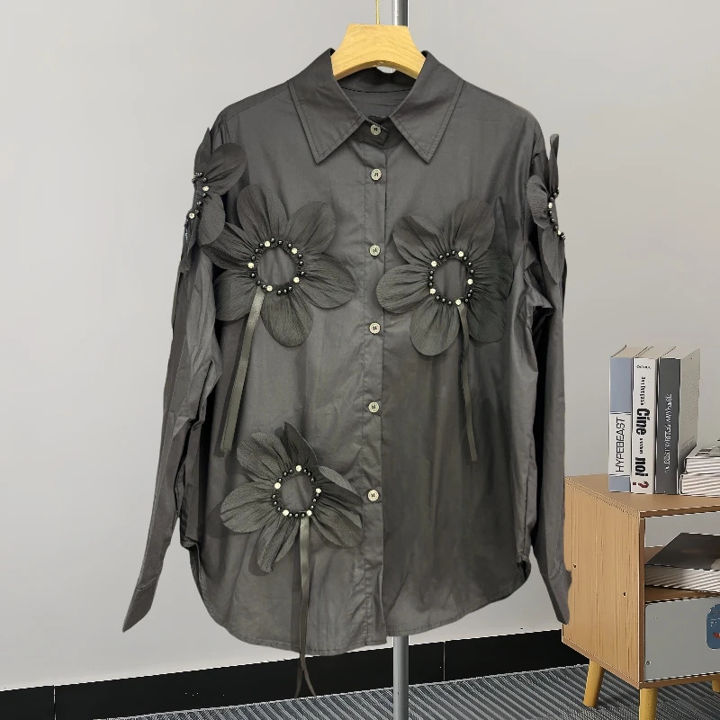 EuropeanClothesLooseBlouseSexyCardiganVintage singleBreasted3D flowerWomenShirtLong SleeveCasualTops41269 250311