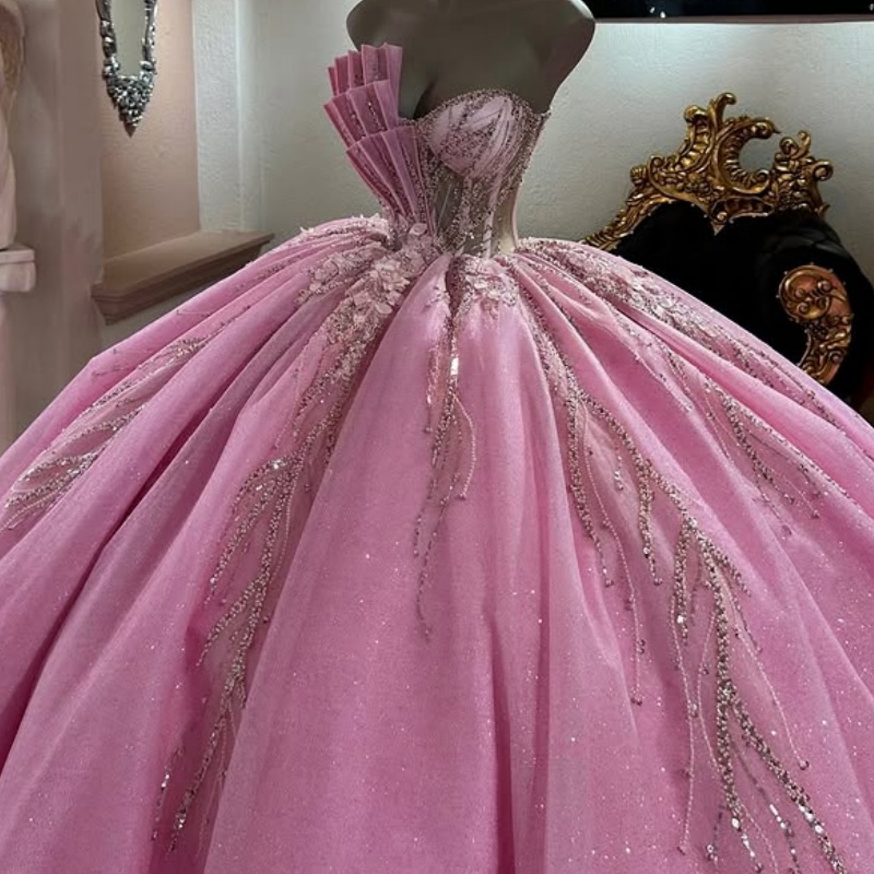 Pink Shiny Quinceanera Dresses Ball Gown Off The Shoulder Beading Crystal Tull Tiered Party Birthday Sweet 16 Dress Vestidos 15 De Anos