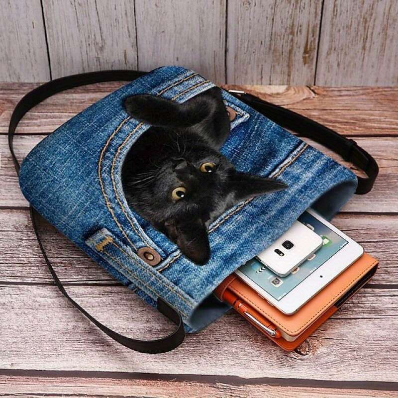 1pc Bohemian Denim-Like cking Fabric Cat Print Women - Light Blue/Red/Yellow, Polyester ed, & Stylish for Everyday Use, Outdoor Accessory Playful Desi