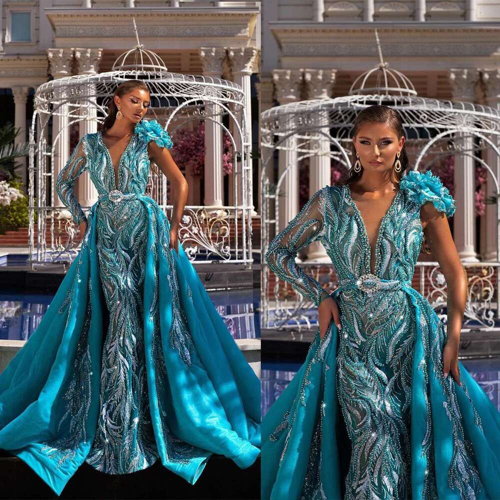 Sequin One Shoulder Dresses Deep V Neck, Mermaid Pearl Prom Detachable evening Party Dress Exquisite Sexy