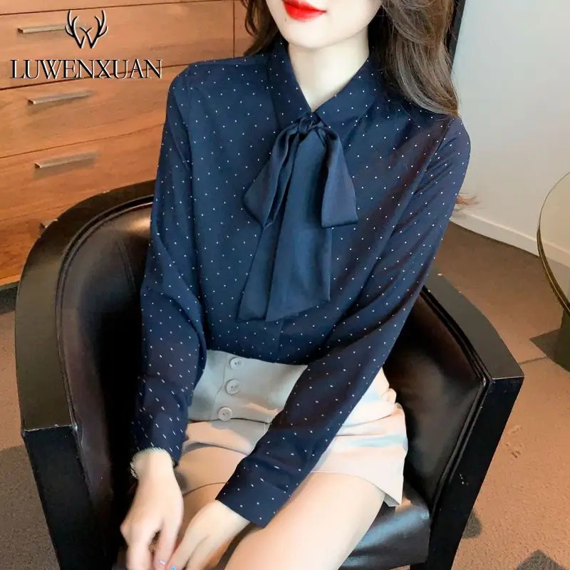 Womens Spring Korean Simple Button Printed Polo Neck Shirt Full Match Fashionable Warm polka dot Long Sleeve 250311