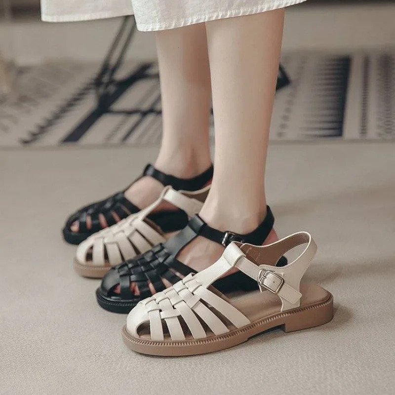 shoes Closed Toe Sandals Black Shoes For Women Summer Womens Heels Breathable Beige Low Retro Ladies Flat Gladiator 250305