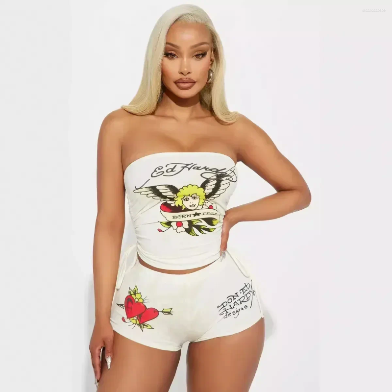 Women's Tracksuits European Style Strapless Crop Top And Shorts Set Print Streetwear 2025 Summer Sexy Matching Two 2 Piece Sets Outfits