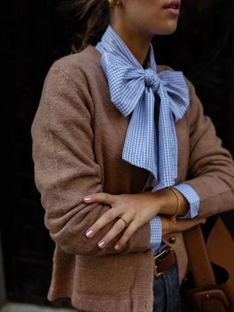 Vintage Plaid Bow Lace Up Collar Shirts Elegant Single Breasted Buttons Full Sleeves Pockets Blouse Women Spring Street Top 250311