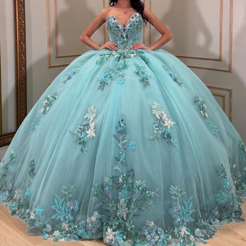 Water Blue Shiny Off Shoulder Quinceanera Dresses Sequin Applique Lace Beading Crystal Tull Party Birthday Sweet 16 Dress Vestidos 15 De Anos