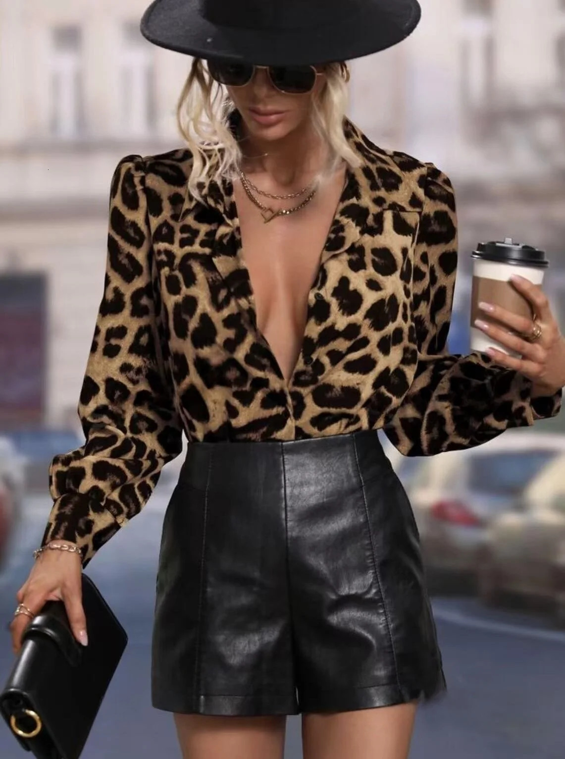 European and American leopard print stylish blouses autumn womens clothing slim bubble sleeves shirt women 250311