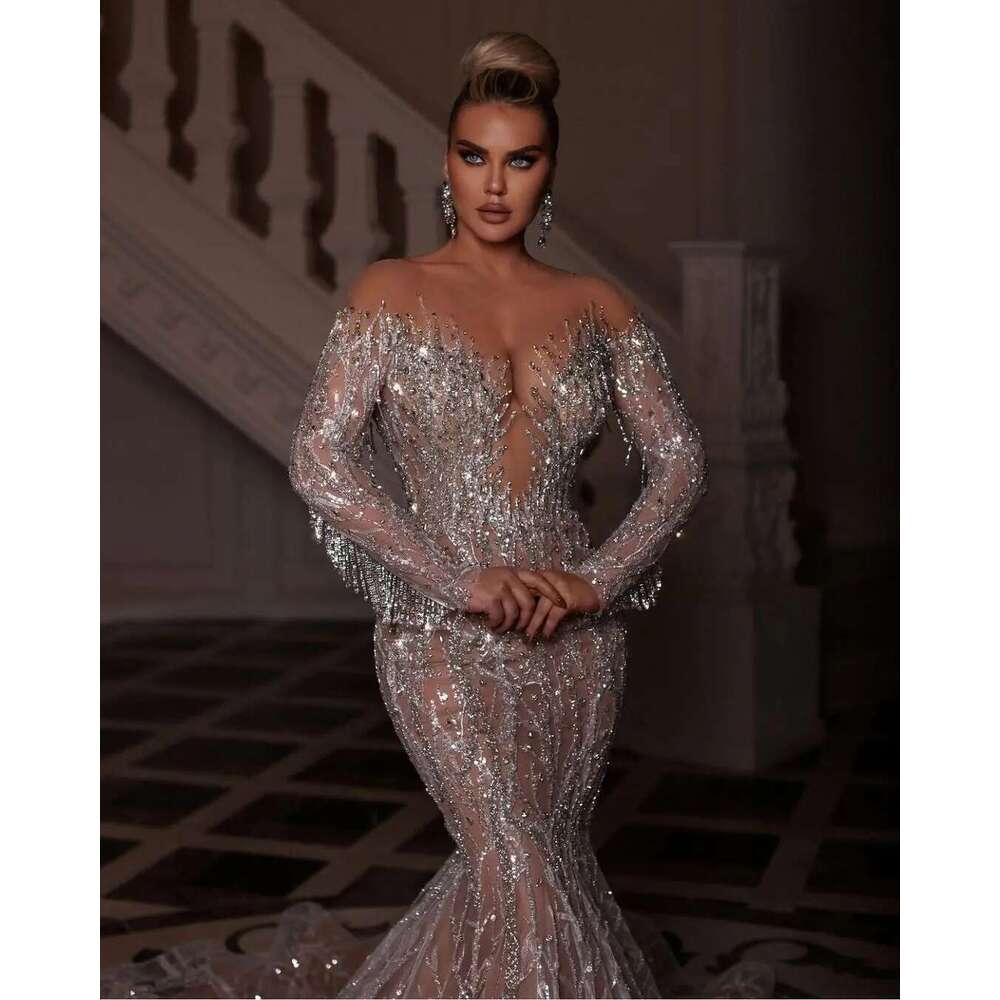 Women's Lace Dress with Sequins Full Sleeve Bright Mermaid Off Shoulder Dress Custom Formal Party and Dance Dresses evening
