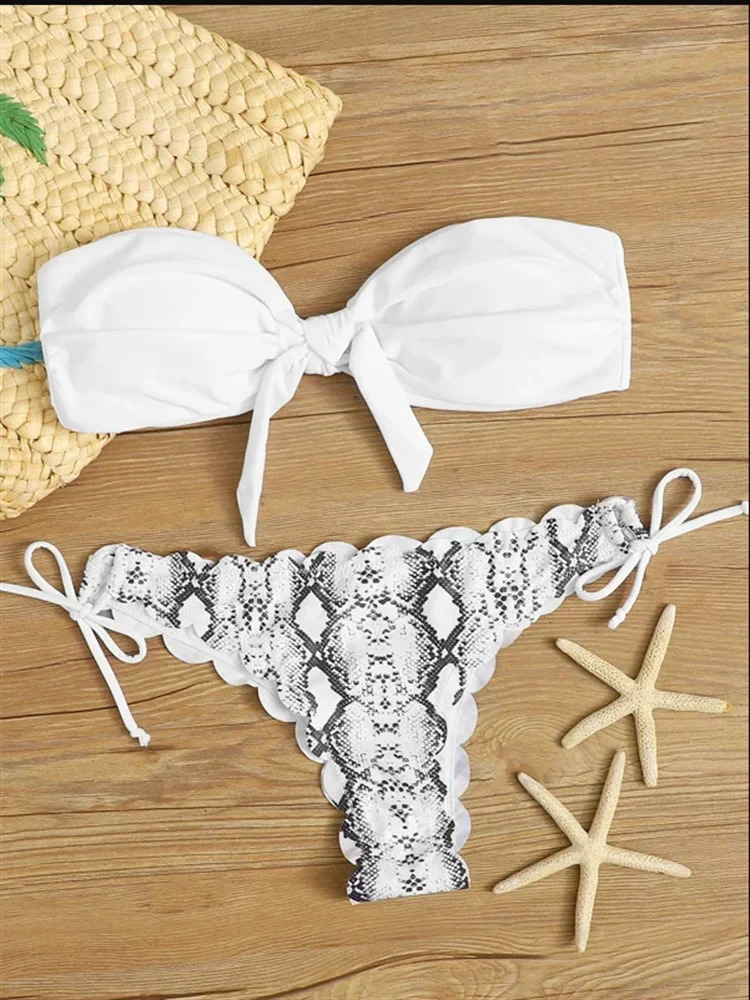 Beach Bikini Woman Sexy Front Lace Up Tie Bandeau Leopard Swimsuit Female Push Ruffled Bow Bathing Suit Thong Swimwear 250310