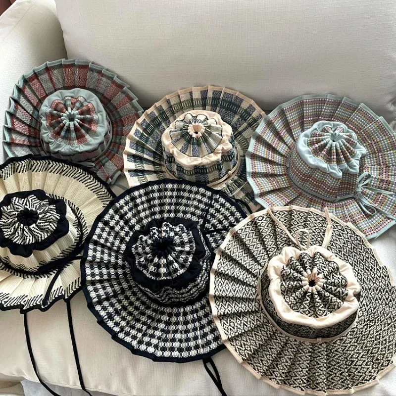 Y2K Parent-Child Summer Reversible Pleated Sun Hats for Women Casual Straw Hat Outdoor Beach Shade Straps Lady Caps Hats 250311