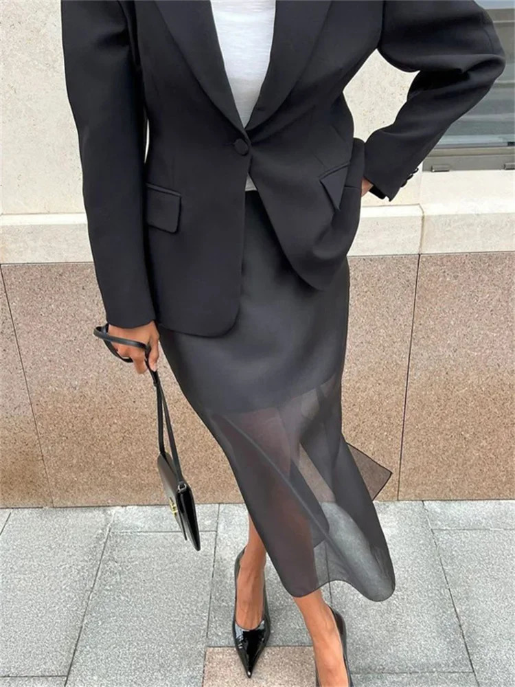 Tossy Summer Mesh SeeThrough Maxi Skirt Women High Waist Patchwork Slim Solid Y2k Clothes Street Sexy Fashion Long 250311