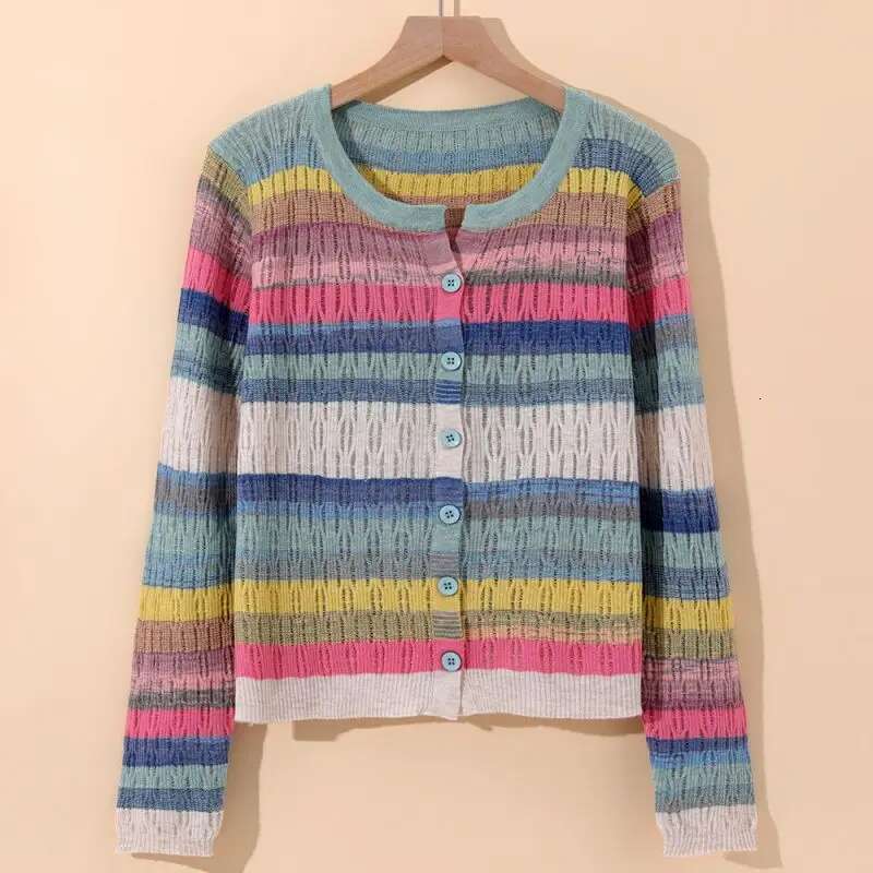 Rainbow Striped V-Neck Knitted Casual Chic Long Sleeve Women's Single Breasted Sweater Cardigan For Women Clothing