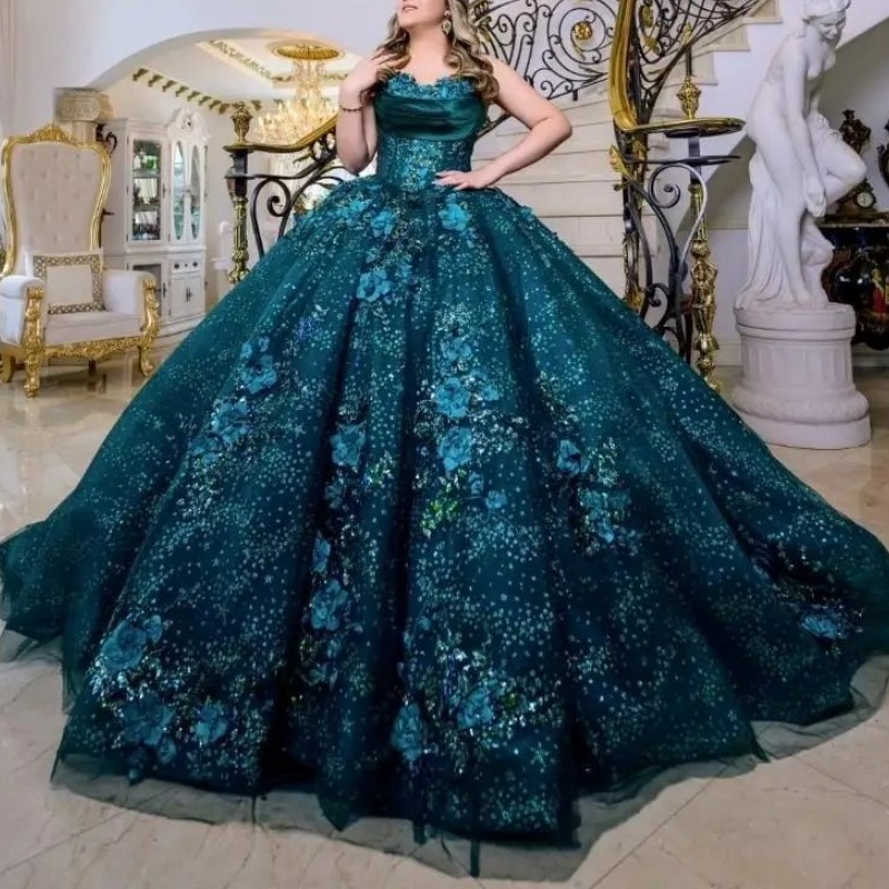 Blackish Green Shiny Princess Ball Gown Quinceanera Dresses Lace Appliques Crystals Beads Party Birthday Sweet 16 Dress Vestidos 15 De Anos