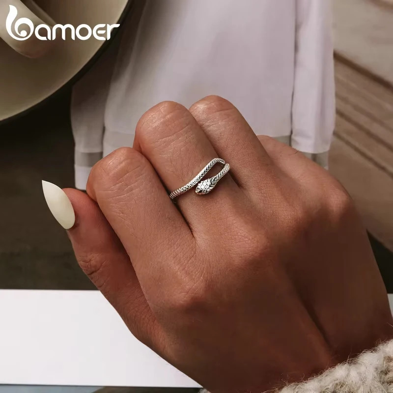 925 Sterling Silver Platinum Plated Adjustable Ring Green Zircon Retro Textures Snake Fashion Jewelry 4 Colors 250213