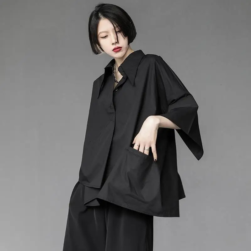 Women Men Shirt Three Quarter Sleeve Blouse Irregular Hem Singlebreasted Solid Color Korean Loose Lapel Summer Spring Top 250311