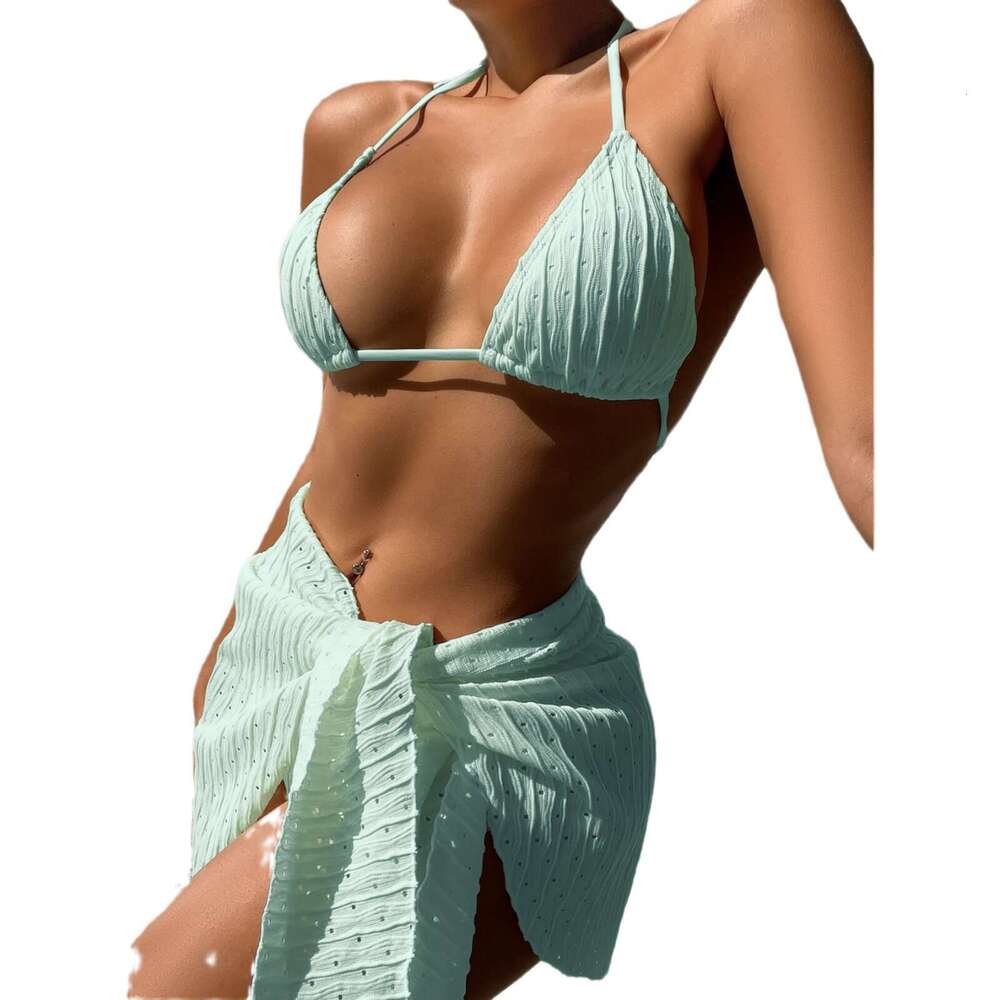 swimsuit European and American backless sexy solid color mesh short skirt bikini three piece set 2025 new casual fashion trend clothing