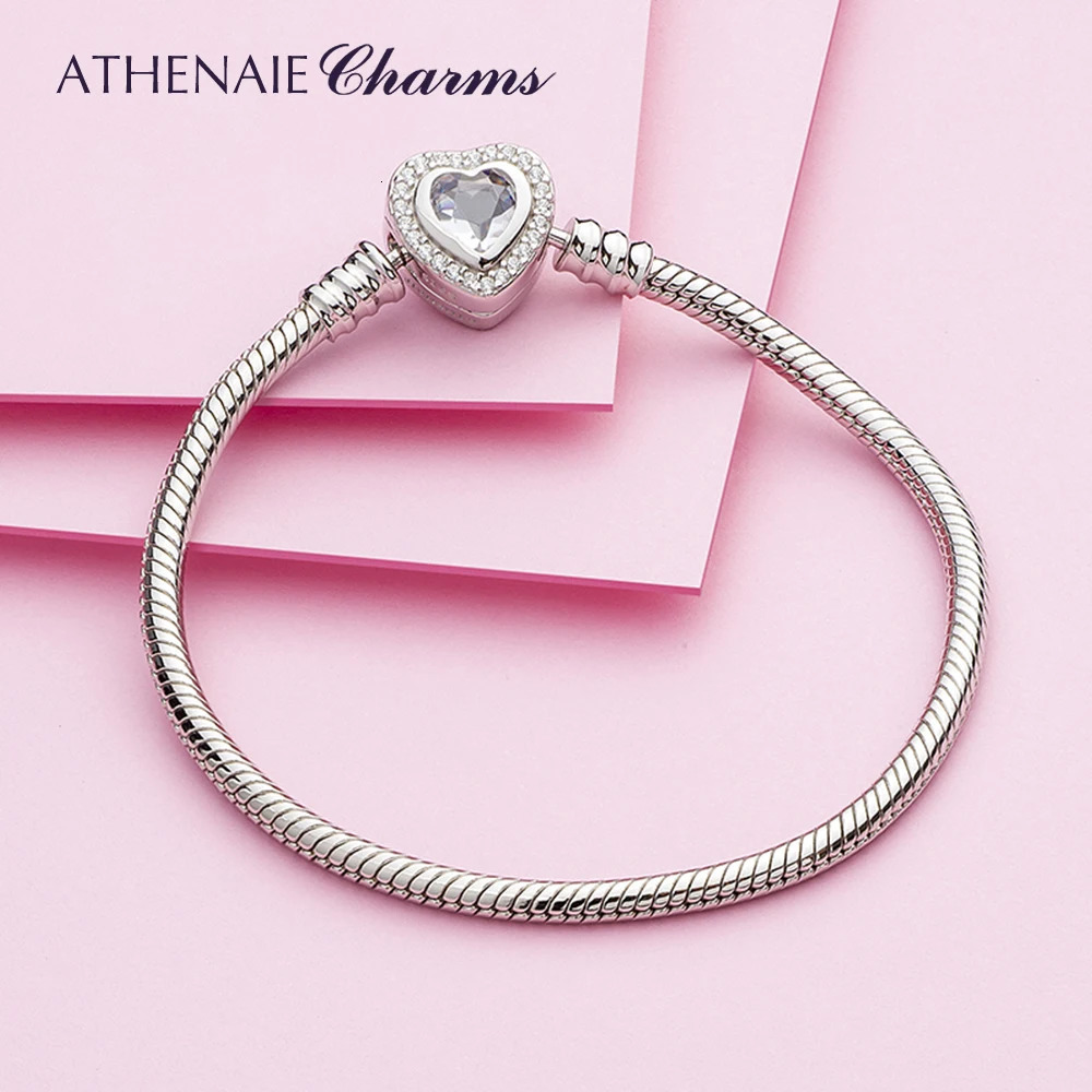 ATHENAIE 100% 925 Sterling Silver Snake Chain Bangle Bracelet with CZ Love Heart Clasp Charms Bracelets for Women 250213