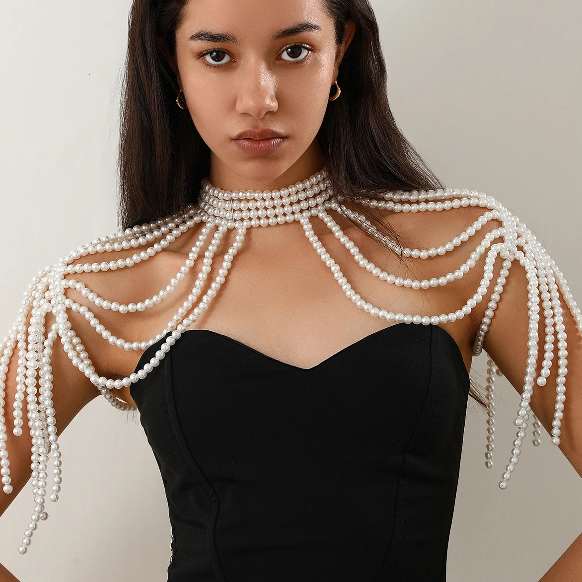 Ingemark Elegant Multilayer Imitation Pearl Shoulder Chain Necklace for Women Wed Bride Goth Tassel Neck Rave Party Body Jewelry 250303
