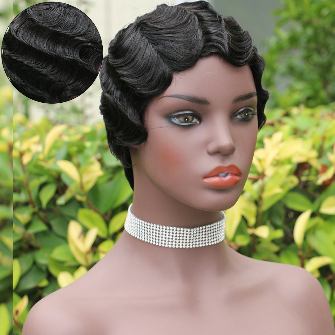 4 Inch Shanghai Wave Pixie Cut Wig - 100% Real Human Hair Machine-Made Water Wave Style, No Lace Front with Bangs, Perfect for Bold & Stylish Looks
