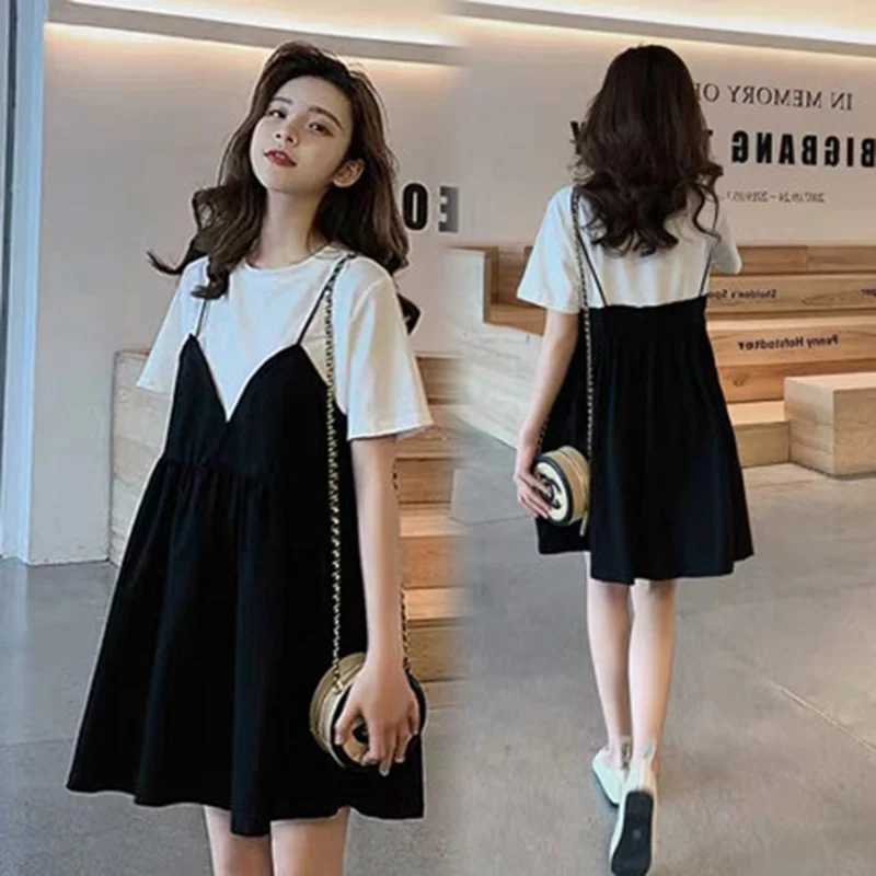 Summer Maternity New Fashion Casual Dresses Summer Mid-Length Maternity Tops Loose False Two-Piece Short-Sleeved Halter DressesT250311