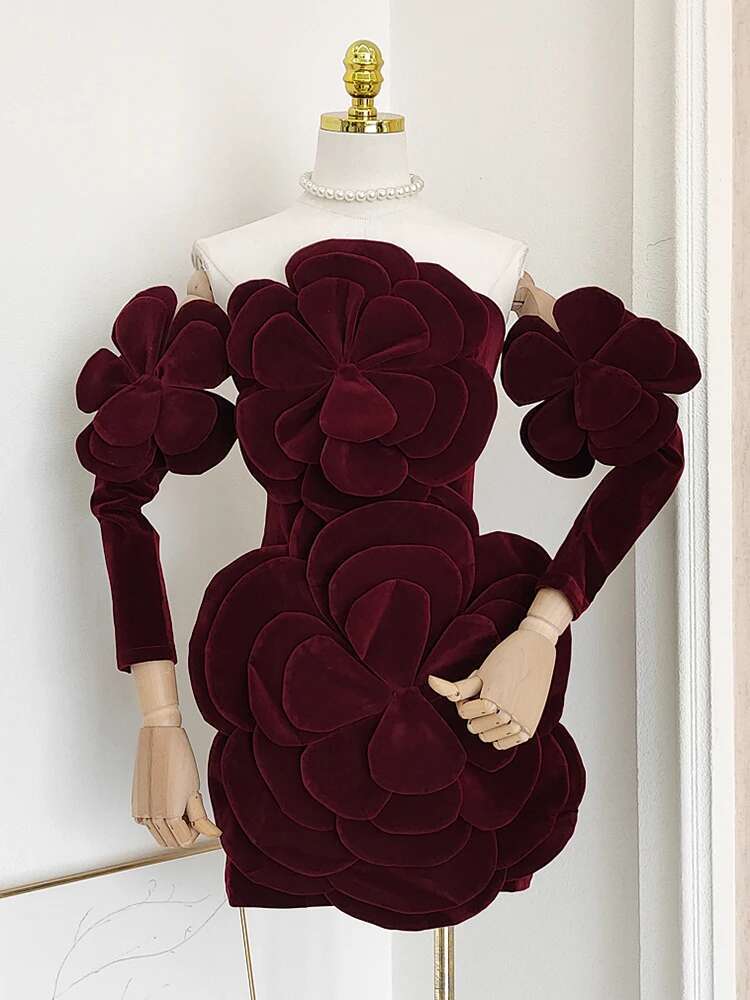 QMQA Fashion Women's 3D Strapless Evening Wer Gloves High Waist Sleeveless Elegant Dress Autumn 2024 New 1A201
