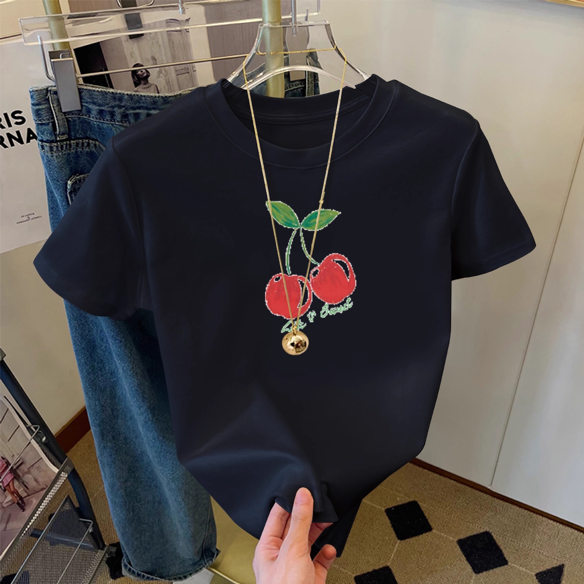 Pink cherry short sleeved women's T-shirt 2025 summer new design niche versatile pure cotton loose fit top trendy casual T-shirt5