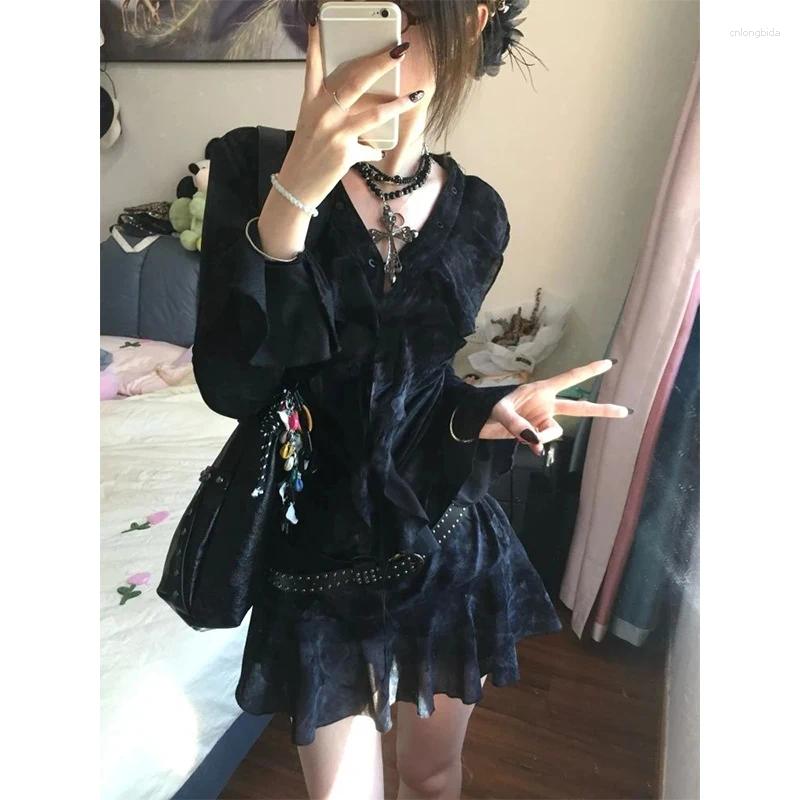 Casual Dresses Y2K Ruffles Mini Dress Women Haruku Vintage Bandage Summer Gothic Aesthetic Sexy V Neck Long Sleeve Bodycon Vestidos