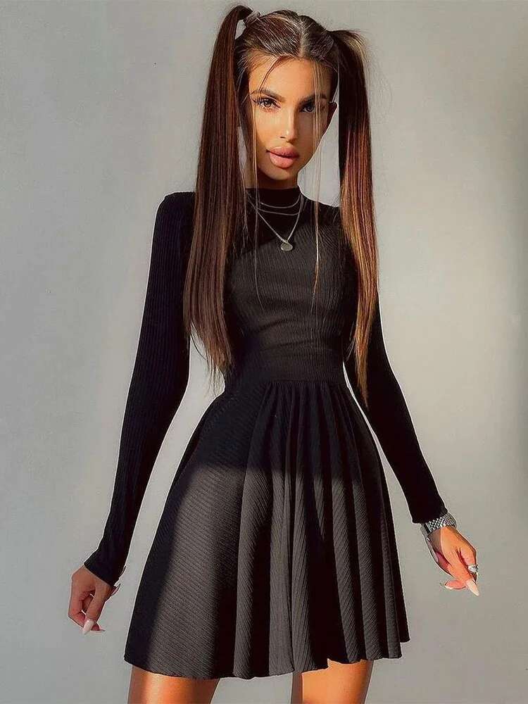 Simple Elegant Hollow Backless Women Long Sleeve O Neck Solid Slim Mini Street Fashion Sexy Girl Short Dress
