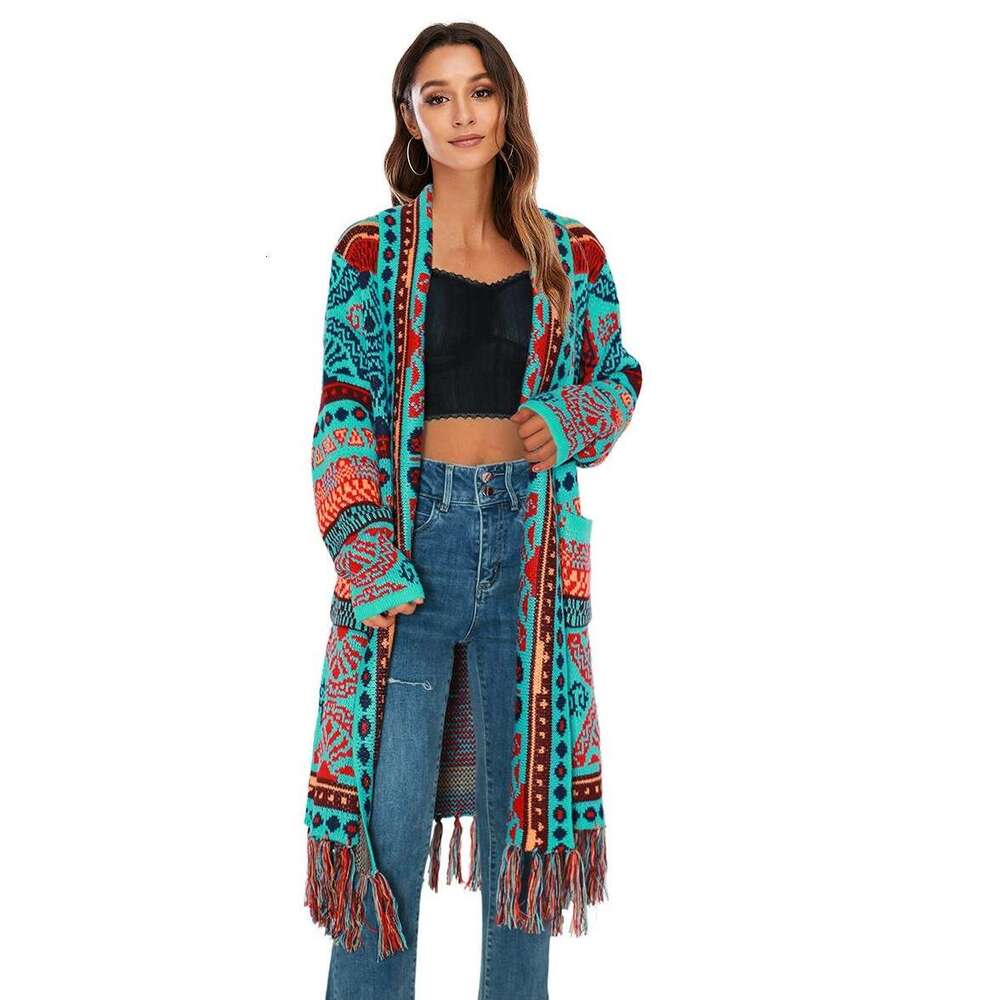 Spring And Autumn New Style Lapel Long Cardigan Peacock Green Bohemian Fringe Knitted Jacquard Jacket