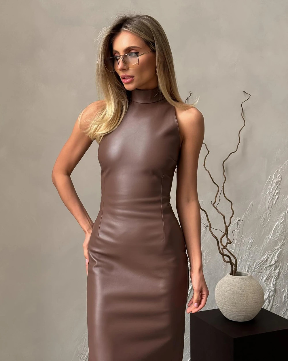 European and American style fashionable PU leather solid color splicing sleeve strapless slim fit Hip dress 250311