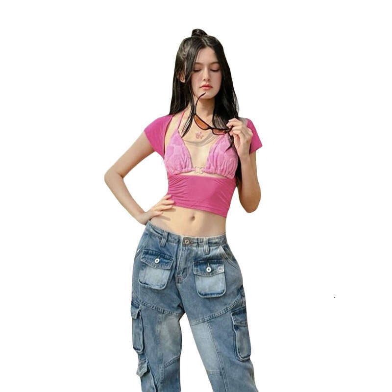 European and American style summer women's strap backless vest round neck hollow short sleeved T-shirt wholesale 2025 new casual versatile fashio