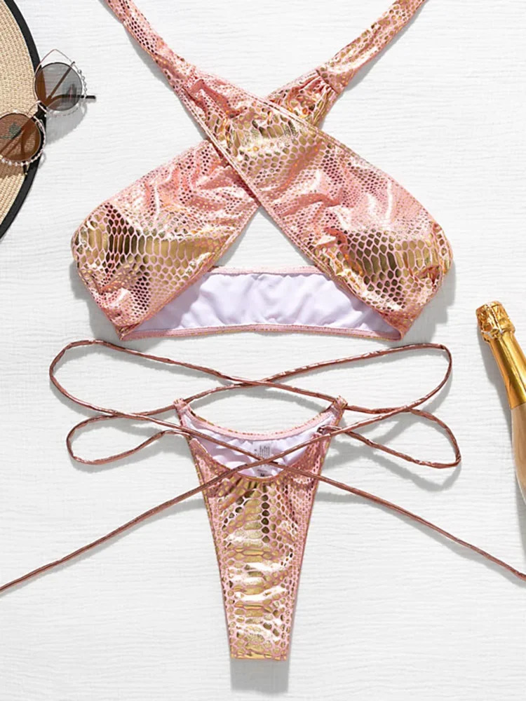 Snake Skin Mini Micro Thong Bikini Women Swimwear Female Swimsuit Two Pieces Set Halter Wrap Around Bathing Suit Swim 250310